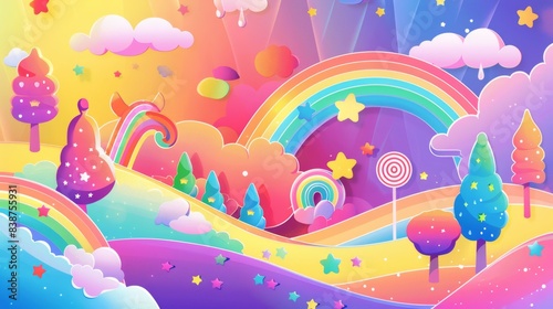 Wallpaper Mural A whimsical pop-art-style illustration of a rainbow-colored candyland with LGBTQ+ pride symbols, set against a magical, fairy-tale background. Background includes candy trees, rainbows, and Torontodigital.ca