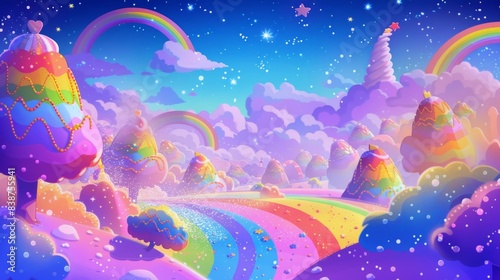 Wallpaper Mural A whimsical pop-art-style illustration of a rainbow-colored candyland with LGBTQ+ pride symbols, set against a magical, fairy-tale background. Background includes candy trees, rainbows, and Torontodigital.ca
