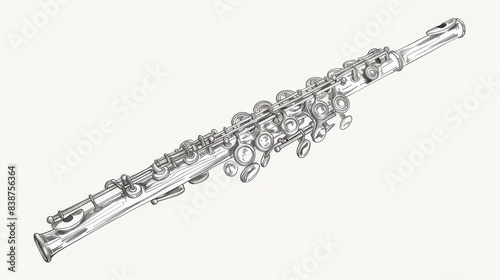 Tilted angle view of a flute, hand-drawn doodle style, intricate sketch lines, isolated on a pristine white background