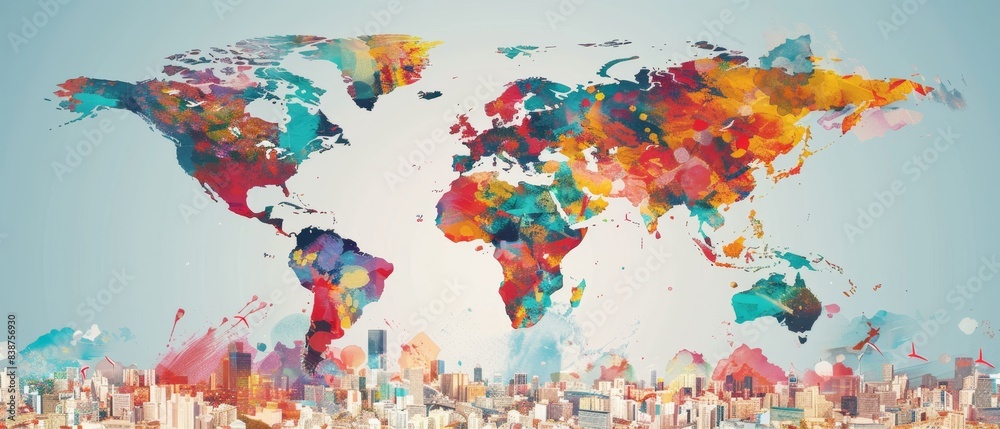 Naklejka premium Embracing Diversity Visualizing Global Aging Trends and Youth Empowerment Programs in Vibrant Colorful Perspectives with Annotative Spaces
