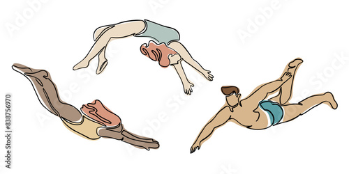 Set of swimming and diving people drawings in boho style. Hand drawn single line icons of man and women doing exercises in water. Contour vector composition isolated on white background.