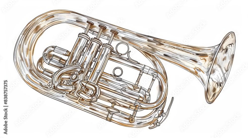 Obraz premium Tilted perspective of a tuba, hand-drawn with intricate doodle and sketch techniques, isolated white background, detailed lines and shading, whimsical and creative flair