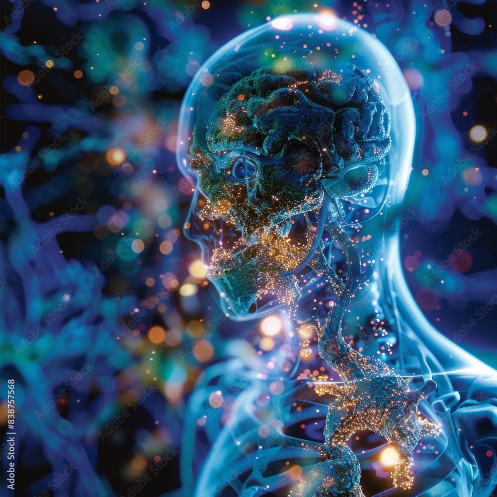 Human body under attack by viruses illustration,A glowing silhouette of a human body with a skeleton surrounded by glowing dots Human body under attack by viruses illustration,A glowing silhouette of a human body with a skeleton surrounded by glowing dots