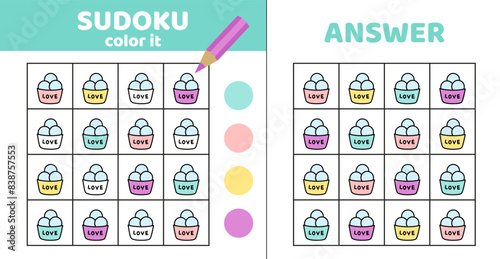 Coloring sudoku. Ice cream. Sudoku with four cups of ice cream. Cartoon