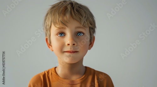 This is a photo of a young boy with blond hair and blue eyes. He is smiling and looking at the camera. He is wearing a plain orange shirt.