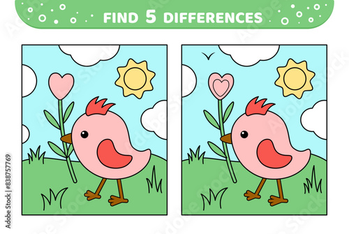 Find 5 differences. Cute nestling and flower. Game for kids. Cartoon, vector
