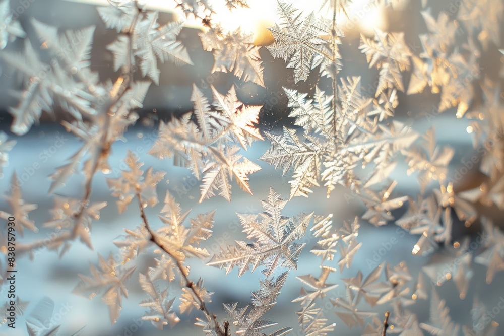 Frost snowflakes on mirror panes bring a winter ambiance with soft beige tones, enhanced by sunset twilight time.