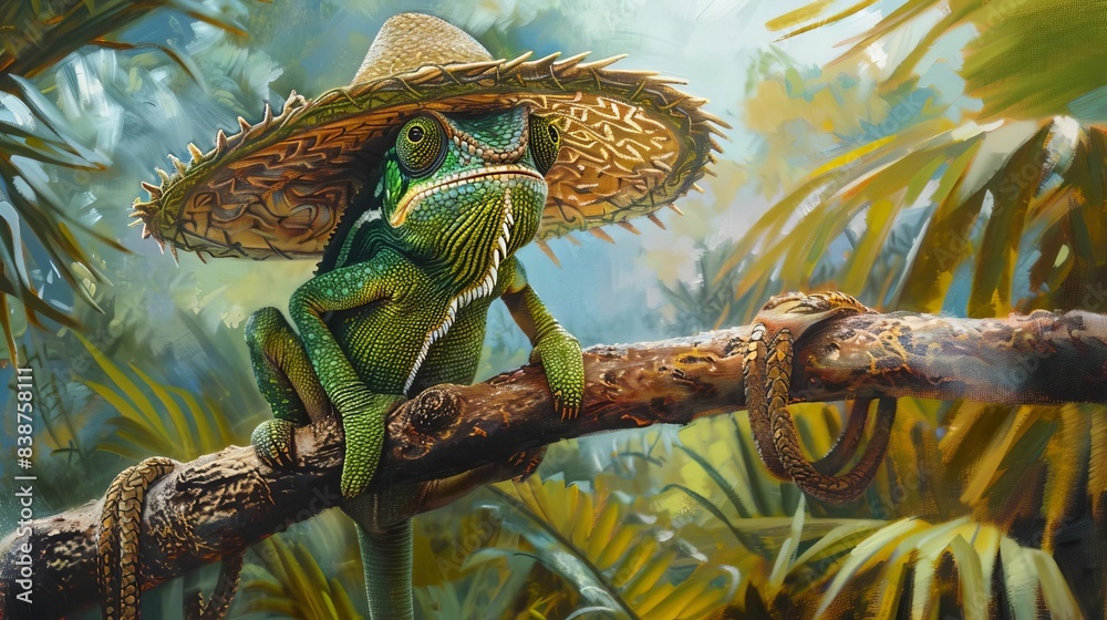 Wide-angle perspective of a green chameleon perched on a branch, donning a traditional Mexican hat, blurred tropical backdrop, hyper-detailed, oil painting