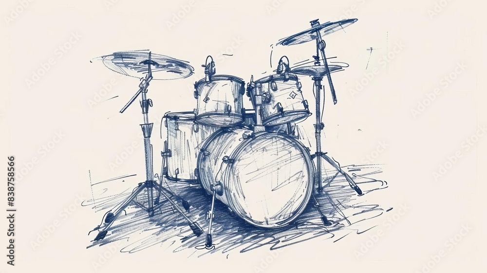 Worms-eye view illustration of a drum kit, hand-drawn sketch, crisp details, isolated on a pristine white background Worms-eye view illustration of a drum kit, hand-drawn sketch, crisp details, isolated on a pristine white background