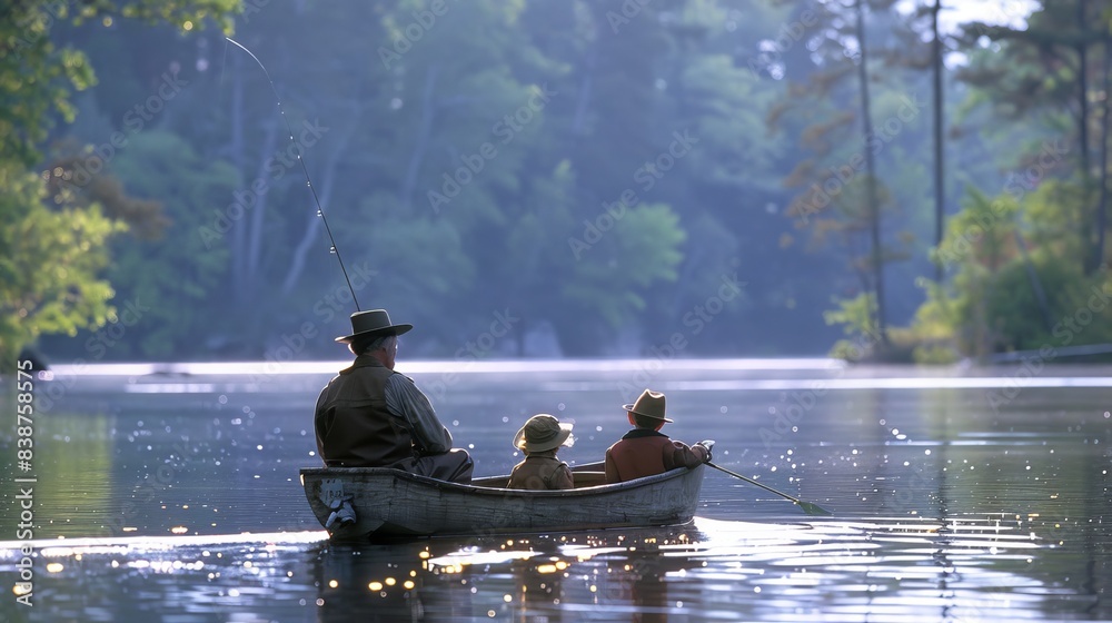Serene Father's Day Celebration: Dad and Kids Enjoy Fishing Trip at Scenic Lake | High-Resolution Image in 16:9 Aspect Ratio