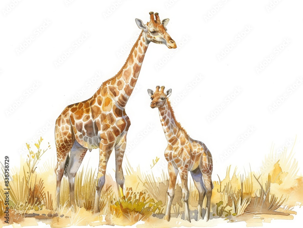 Obraz premium Two giraffes standing on the yellow grass field,watercolor painting