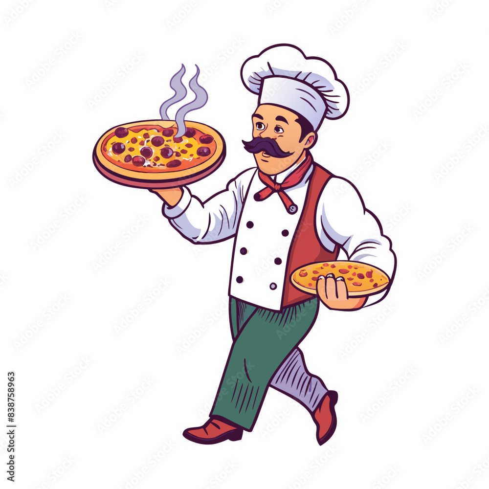 a logo of pizza Chef, a chef carrying pizza on his hand with steam on pizza, isolated on white background, flat 3 colors vector, futura challigraphia style a logo of pizza Chef, a chef carrying pizza on his hand with steam on pizza, isolated on white background, flat 3 colors vector, futura challigraphia style