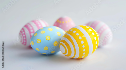 Colorful Easter eggs on a white background. The eggs are painted in bright colors and have different patterns.