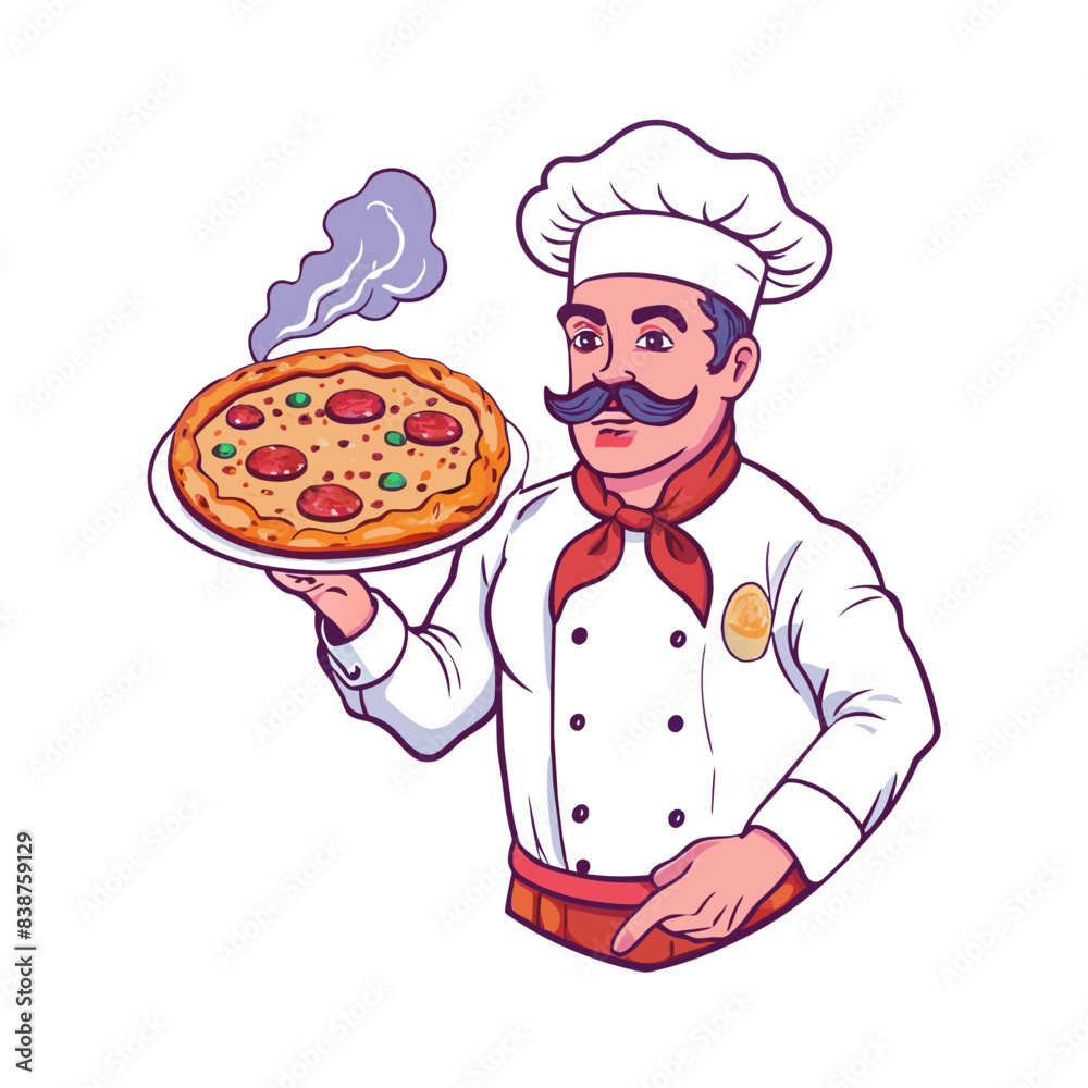 a logo of pizza Chef, a chef carrying pizza on his hand with steam on pizza, isolated on white background, flat 3 colors vector, futura challigraphia style a logo of pizza Chef, a chef carrying pizza on his hand with steam on pizza, isolated on white background, flat 3 colors vector, futura challigraphia style