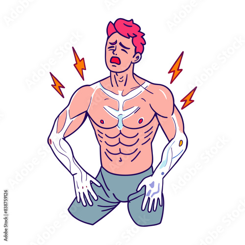 a man having muscle spasms, white background
