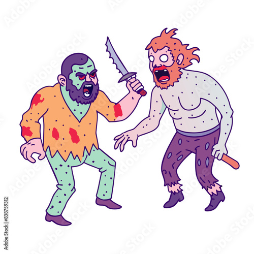 a man who is cannibal going to attack another ma, white background 