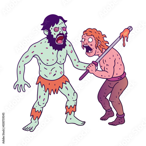 a man who is cannibal going to attack another ma, white background 