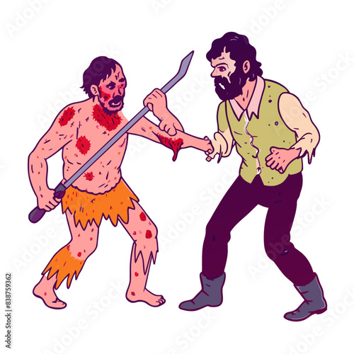 a man who is cannibal going to attack another ma, white background 