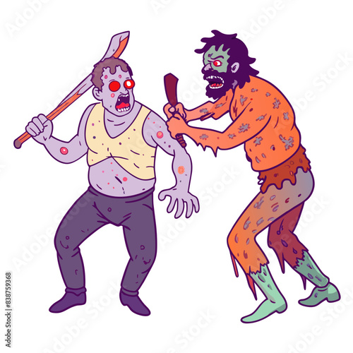 a man who is cannibal going to attack another ma, white background 