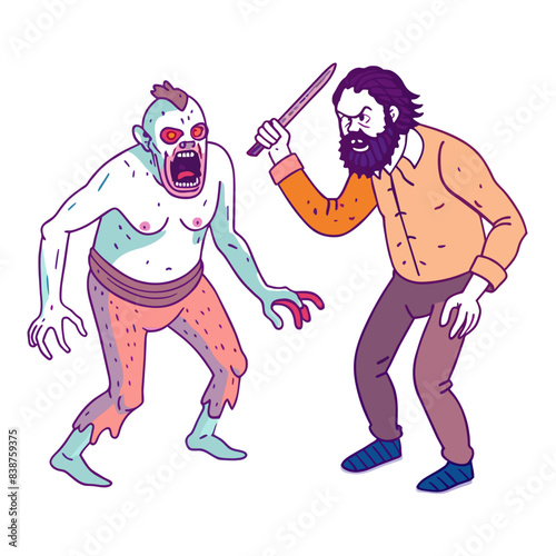 a man who is cannibal going to attack another ma, white background 