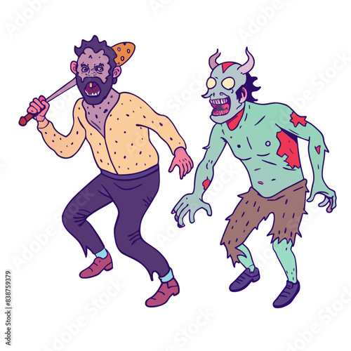a man who is cannibal going to attack another ma, white background 