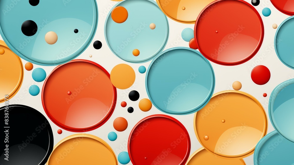Vibrant polka dot illustration with bold contrasts and complex designs, featuring high detail and flat texture.