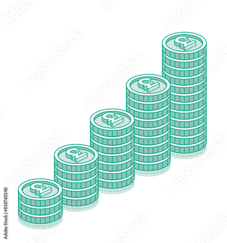 Isometric british pound coins stacks. 3d cash. Outline objects isolated on white background. Icon or symbol. Green color.