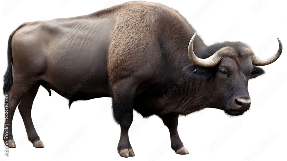 Naklejka premium A large black buffalo with horns stands alone isolated on a white background