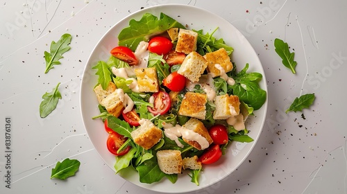 A classic Caesar salad with creamy dressing, Italian flag, white background, fresh look