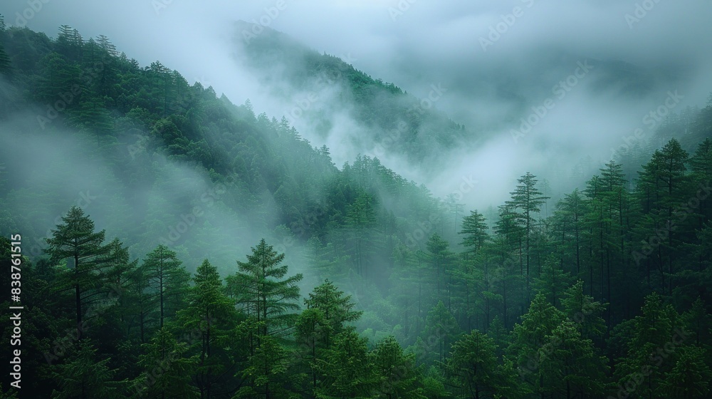 A misty mountain landscape, rain clouds hanging low and soft rain nourishing the greenery A misty mountain landscape, rain clouds hanging low and soft rain nourishing the greenery