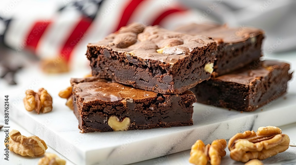 A decadent chocolate brownie with walnuts, American flag, white background, high contrast A decadent chocolate brownie with walnuts, American flag, white background, high contrast