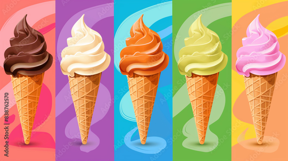 Colorful cone ice cream popsicle set. Illustration of fresh summer ice cream Colorful cone ice cream popsicle set. Illustration of fresh summer ice cream