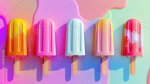 Paint splashes Colorful cone ice cream popsicle set. Illustration of fresh summer ice cream