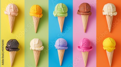 Colorful cone ice cream popsicle set. Illustration of fresh summer ice cream