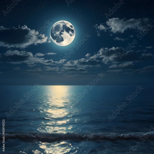 Gleaming full moon over calm ocean background. Generative AI 