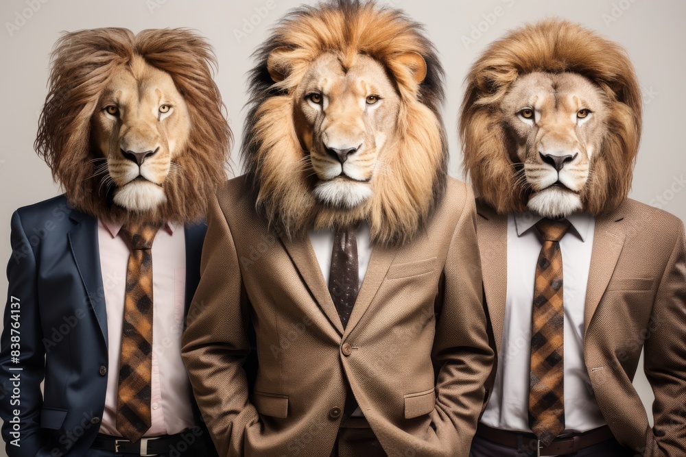 Fototapeta premium The coordinated presence of lion-headed characters dressed in formal business attire captures the essence of teamwork and corporate synergy in a group photo setting.