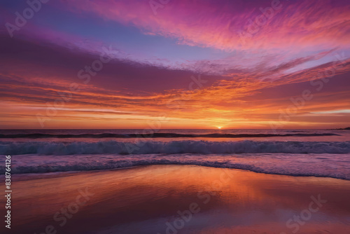 A serene sunset beach silhouetted against a sky painted in hues of orange, pink and purple