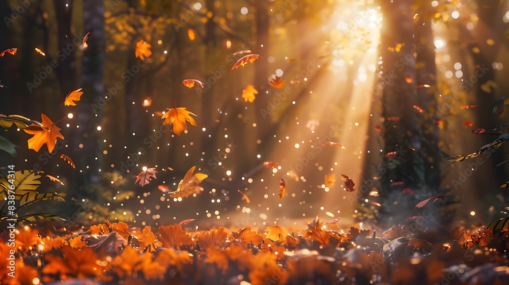 Fototapeta premium Sunlight Streaming Through Autumn Leaves in Forest. Sunbeams shining through the trees in an autumn forest with colorful leaves on the ground.