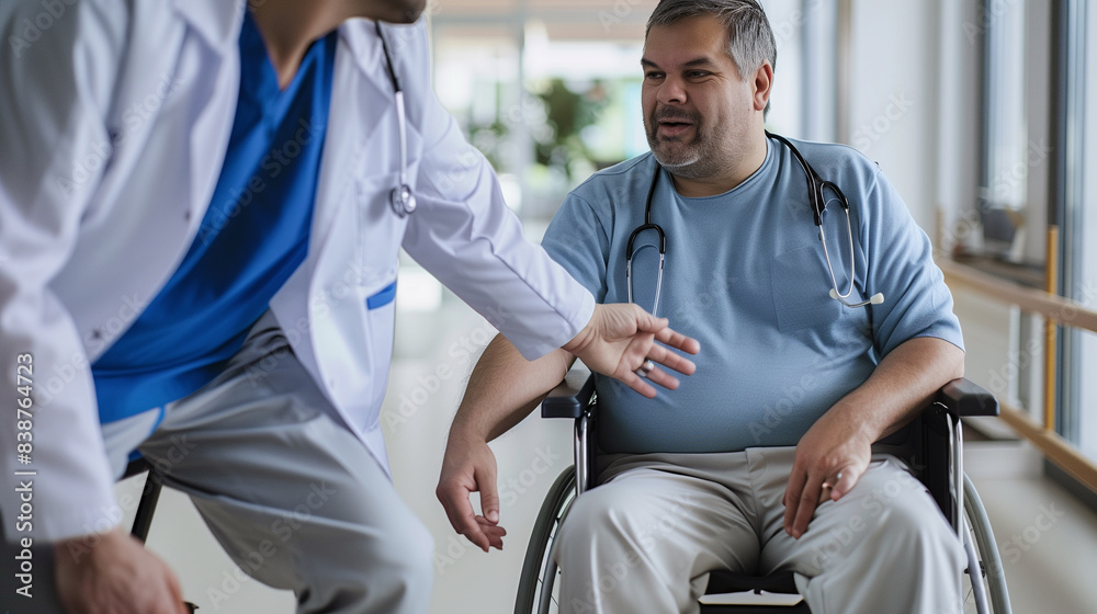 Close-up of a doctor consoling a worried patient in a wheelchair, creating a supportive environment in a hospital corridor. Close-up of a doctor consoling a worried patient in a wheelchair, creating a supportive environment in a hospital corridor.