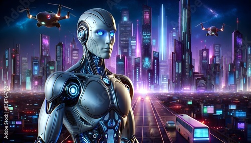 Futuristic robot with glowing blue eyes in a neon-lit cityscape with flying drones and tall skyscrapers. Digital illustration of a high-tech city at night. Science fiction and technology concept