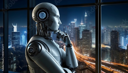 Robot contemplating cityscape at night through large window. Modern technology and artificial intelligence concept. Design for banner, poster, wallpaper.