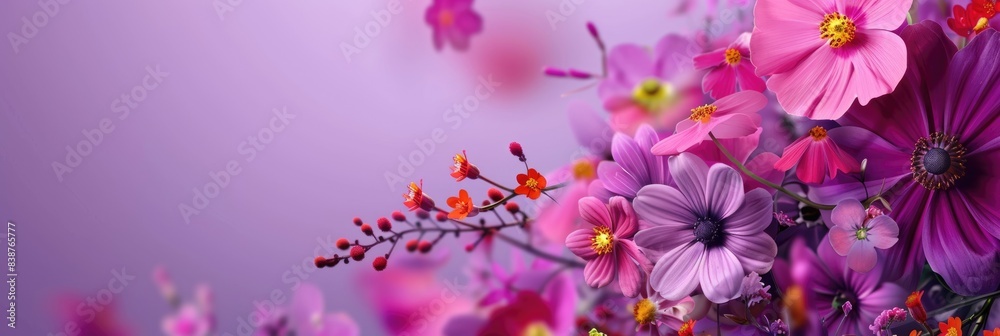 Naklejka premium Beautiful delicate purple flowers on a purple background. Abstract layout of a colored frame with space for text. An invitation to a wedding. The concept of International Women's Day, Mother's Day.