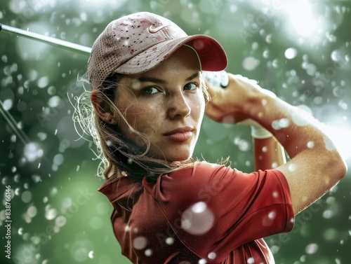 Woman holds golf club in rainy weather