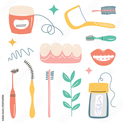 Vector illustration set of dental care products for cleaning interdental spaces. Dental floss, interdental brushes, toothpicks, and tooth icons. Doodle style, flat cartoon images for teeth hygiene