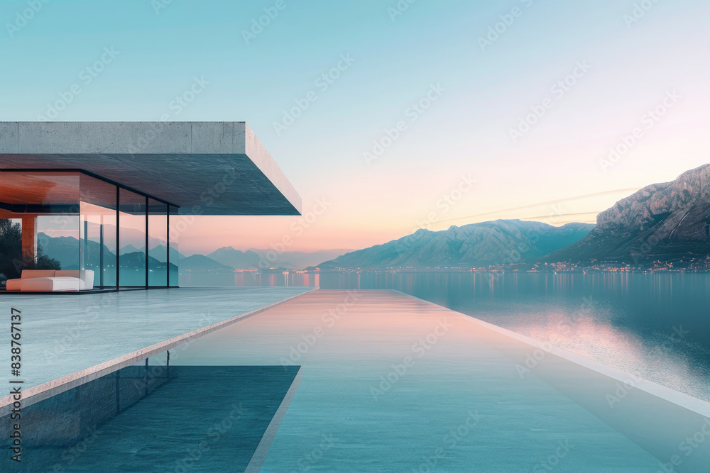 Fototapeta premium Luxury Island Villa With Infinity Pool At Sunset.