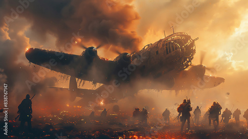 A burning airplane crashes to the ground as people watch in horror.  The sky is filled with smoke and flames.