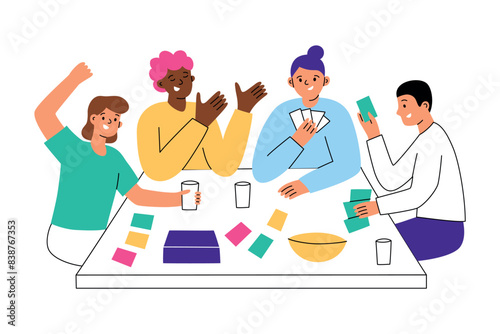 Friends playing board game with cards, adults having fun together. Hand drawn composition with table game, colored cards. Leisure activity and hobby for party. Vector illustration of strategy game