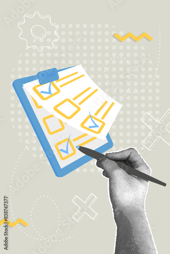 Trendy halftone collage.Planning concept. To-do list and business planning project, pen. accomplishment of tasks, check marks. Achievements and goals. Questionnaire.Vector illustration