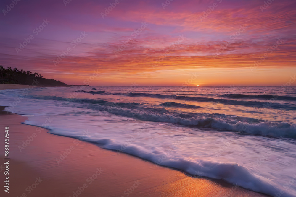 A serene sunset beach silhouetted against a sky painted in hues of orange, pink and purple