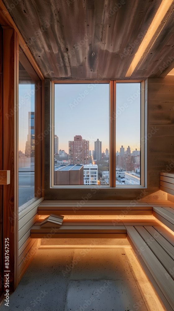 Obraz premium Modernist Commercial Sauna with Sweeping Cityscape View from Urban Rooftop Oasis